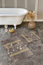 2'li Set Kahverengi - Gold Zeminde Mermer Motifli Eskitme Desenli Geometrik Klasik  2'li Banyo & Mutfak Paspas Takımı Realhomes