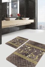 2'li Set Kahverengi - Gold Zeminde Mermer Motifli Eskitme Desenli Geometrik Klasik  2'li Banyo & Mutfak Paspas Takımı Realhomes