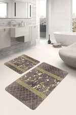 2'li Set Kahverengi - Gold Zeminde Mermer Motifli Eskitme Desenli Geometrik Klasik  2'li Banyo & Mutfak Paspas Takımı Realhomes
