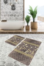 2'li Set Kahverengi - Gold Zeminde Mermer Motifli Eskitme Desenli Geometrik Klasik  2'li Banyo & Mutfak Paspas Takımı Realhomes