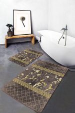 2'li Set Kahverengi - Gold Zeminde Mermer Motifli Eskitme Desenli Geometrik Klasik  2'li Banyo & Mutfak Paspas Takımı Realhomes