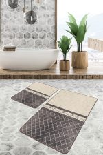 - PaspasTakimi-2li-Set1158-Gorsel-1 - Realhomes 2'li Set Krem - Kahverengi Zeminde Mermer Motifli Baklava Desenli Geometrik Klasik 2'li Banyo & Mutfak Paspas Takımı Realhomes