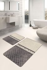 - PaspasTakimi-2li-Set1158-Gorsel - Realhomes 2'li Set Krem - Kahverengi Zeminde Mermer Motifli Baklava Desenli Geometrik Klasik 2'li Banyo & Mutfak Paspas Takımı Realhomes