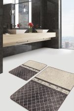 - PaspasTakimi-2li-Set1158-Gorsel-4 - Realhomes 2'li Set Krem - Kahverengi Zeminde Mermer Motifli Baklava Desenli Geometrik Klasik 2'li Banyo & Mutfak Paspas Takımı Realhomes