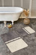 - Realhomes - Realhomes 2'li Set Krem - Kahverengi Zeminde Mermer Motifli Baklava Desenli Geometrik Klasik 2'li Banyo & Mutfak Paspas Takımı Realhomes