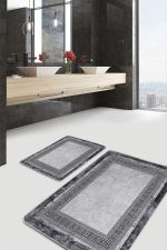 2'li Set Gri - Siyah Zeminde Çerçeveli Motifli Antik Desenli Geometrik Eskitme Motifli  2'li Banyo & Mutfak Paspas Takımı Realhomes