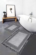 2'li Set Gri - Siyah Zeminde Çerçeveli Motifli Antik Desenli Geometrik Eskitme Motifli  2'li Banyo & Mutfak Paspas Takımı Realhomes