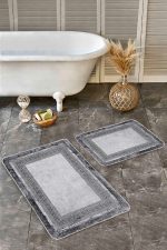 2'li Set Gri - Siyah Zeminde Çerçeveli Motifli Antik Desenli Geometrik Eskitme Motifli  2'li Banyo & Mutfak Paspas Takımı Realhomes