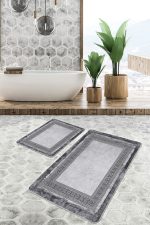 2'li Set Gri - Siyah Zeminde Çerçeveli Motifli Antik Desenli Geometrik Eskitme Motifli  2'li Banyo & Mutfak Paspas Takımı Realhomes