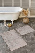 - Realhomes - Realhomes  2'li Set Bej Zeminde Dokuma Halı Motifli Eskitme Desenli Eskitme Motifli Vintage  2'li Banyo & Mutfak Paspas Takımı Realhomes