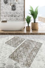 2'li Set Krem Zeminde Etnik Motifli Eskitme Desenli Eskitme Motifli Geometrik  2'li Banyo & Mutfak Paspas Takımı Realhomes