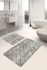 2'li Set Krem Zeminde Etnik Motifli Eskitme Desenli Eskitme Motifli Geometrik  2'li Banyo & Mutfak Paspas Takımı Realhomes