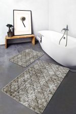 2'li Set Krem Zeminde Etnik Motifli Eskitme Desenli Eskitme Motifli Geometrik  2'li Banyo & Mutfak Paspas Takımı Realhomes