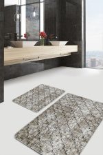 2'li Set Krem Zeminde Etnik Motifli Eskitme Desenli Eskitme Motifli Geometrik  2'li Banyo & Mutfak Paspas Takımı Realhomes
