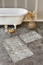 2'li Set Krem Zeminde Etnik Motifli Eskitme Desenli Eskitme Motifli Geometrik  2'li Banyo & Mutfak Paspas Takımı Realhomes