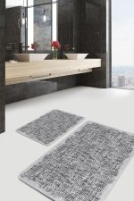 2'li Set Gri - Siyah Zeminde Dokuma Halı Motifli Eskitme Desenli Eskitme Motifli Sade & Şık  2'li Banyo & Mutfak Paspas Takımı Realhomes