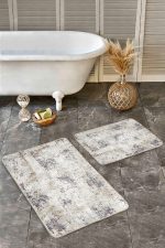 2'li Set Ekru- Gri Zeminde Kanvas Motifli Eskitme Desenli Eskitme Motifli Vintage  2'li Banyo & Mutfak Paspas Takımı Realhomes