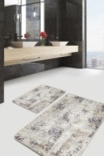 2'li Set Ekru- Gri Zeminde Kanvas Motifli Eskitme Desenli Eskitme Motifli Vintage  2'li Banyo & Mutfak Paspas Takımı Realhomes