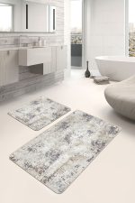 2'li Set Ekru- Gri Zeminde Kanvas Motifli Eskitme Desenli Eskitme Motifli Vintage  2'li Banyo & Mutfak Paspas Takımı Realhomes