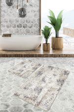2'li Set Ekru- Gri Zeminde Kanvas Motifli Eskitme Desenli Eskitme Motifli Vintage  2'li Banyo & Mutfak Paspas Takımı Realhomes