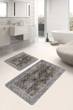 2'li Set Kahverengi - Gri Zeminde Çerçeveli Motifli Morrocan Desenli Eskitme Motifli Geometrik  2'li Banyo & Mutfak Paspas Takımı Realhomes
