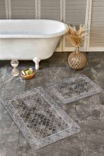 2'li Set Kahverengi - Gri Zeminde Çerçeveli Motifli Morrocan Desenli Eskitme Motifli Geometrik  2'li Banyo & Mutfak Paspas Takımı Realhomes
