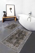 2'li Set Kahverengi - Gri Zeminde Çerçeveli Motifli Morrocan Desenli Eskitme Motifli Geometrik  2'li Banyo & Mutfak Paspas Takımı Realhomes