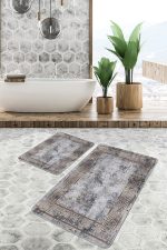 - PaspasTakimi-2li-Set1167-Gorsel-1 - Realhomes 2'li Set Gri Zeminde Çerçeveli Motifli Eskitme Desenli Eskitme Motifli Vintage 2'li Banyo & Mutfak Paspas Takımı Realhomes