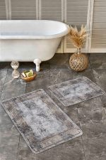- Realhomes - Realhomes 2'li Set Gri Zeminde Çerçeveli Motifli Eskitme Desenli Eskitme Motifli Vintage 2'li Banyo & Mutfak Paspas Takımı Realhomes