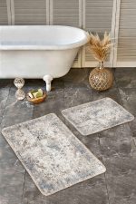 - Realhomes - Realhomes  2'li Set Ekru Zeminde Göbekli Halı Motifli Antik Desenli Avangarde Vintage  2'li Banyo & Mutfak Paspas Takımı Realhomes