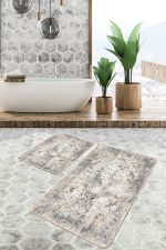 - PaspasTakimi-2li-Set1169-Gorsel-2 - Realhomes  2'li Set Ekru Zeminde Göbekli Halı Motifli Antik Desenli Avangarde Vintage  2'li Banyo & Mutfak Paspas Takımı Realhomes