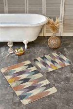 - Realhomes - Realhomes 2'li Set Örgü Zeminde Patchwork Motifli Kilim Desenli Vintage Sade & Şık 2'li Banyo & Mutfak Paspas Takımı Realhomes