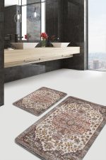 2'li Set Krem - Çok Renkli Zeminde Uşak Motifli Dokuma Halı Desenli Avangarde Vintage  2'li Banyo & Mutfak Paspas Takımı Realhomes