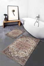 2'li Set Krem - Çok Renkli Zeminde Uşak Motifli Dokuma Halı Desenli Avangarde Vintage  2'li Banyo & Mutfak Paspas Takımı Realhomes
