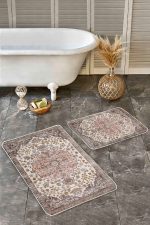 2'li Set Krem - Çok Renkli Zeminde Uşak Motifli Dokuma Halı Desenli Avangarde Vintage  2'li Banyo & Mutfak Paspas Takımı Realhomes