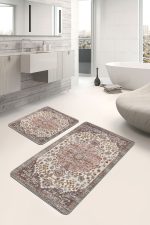 2'li Set Krem - Çok Renkli Zeminde Uşak Motifli Dokuma Halı Desenli Avangarde Vintage  2'li Banyo & Mutfak Paspas Takımı Realhomes