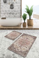 2'li Set Krem - Çok Renkli Zeminde Uşak Motifli Dokuma Halı Desenli Avangarde Vintage  2'li Banyo & Mutfak Paspas Takımı Realhomes