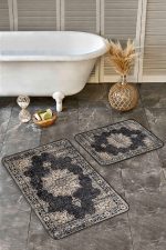 - Realhomes - Realhomes  2'li Set Siyah - Krem Zeminde Geleneksel Motifli Osmanlı Desenli Avangarde Eskitme Motifli  2'li Banyo & Mutfak Paspas Takımı Realhomes