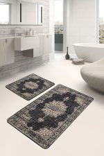 - PaspasTakimi-2li-Set1173-Gorsel-5 - Realhomes  2'li Set Siyah - Krem Zeminde Geleneksel Motifli Osmanlı Desenli Avangarde Eskitme Motifli  2'li Banyo & Mutfak Paspas Takımı Realhomes