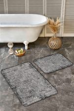 - Realhomes - Realhomes  2'li Set Ekru - Siyah Zeminde Kilim Motifli Dokuma Halı Desenli Geometrik Vintage  2'li Banyo & Mutfak Paspas Takımı Realhomes