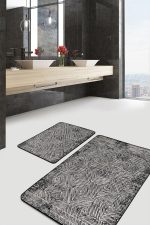 - PaspasTakimi-2li-Set1174-Gorsel - Realhomes  2'li Set Ekru - Siyah Zeminde Kilim Motifli Dokuma Halı Desenli Geometrik Vintage  2'li Banyo & Mutfak Paspas Takımı Realhomes