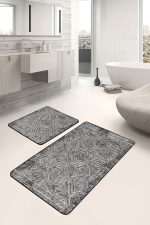 - PaspasTakimi-2li-Set1174-Gorsel-2 - Realhomes  2'li Set Ekru - Siyah Zeminde Kilim Motifli Dokuma Halı Desenli Geometrik Vintage  2'li Banyo & Mutfak Paspas Takımı Realhomes