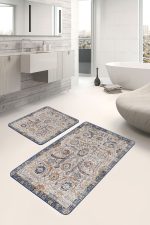 2'li Set Ekru - Mavi Zeminde Otantik Motifli Osmanlı Desenli Avangarde Eskitme Motifli  2'li Banyo & Mutfak Paspas Takımı Realhomes