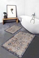 2'li Set Ekru - Mavi Zeminde Otantik Motifli Osmanlı Desenli Avangarde Eskitme Motifli  2'li Banyo & Mutfak Paspas Takımı Realhomes