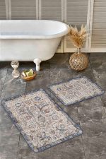 2'li Set Ekru - Mavi Zeminde Otantik Motifli Osmanlı Desenli Avangarde Eskitme Motifli  2'li Banyo & Mutfak Paspas Takımı Realhomes