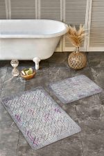 - Realhomes - Realhomes  2'li Set Gri - Mor Zeminde Geometrik Motifli Kanvas Desenli Geometrik Eskitme Motifli  2'li Banyo & Mutfak Paspas Takımı Realhomes