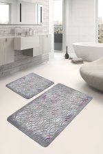 - PaspasTakimi-2li-Set1176-Gorsel-2 - Realhomes  2'li Set Gri - Mor Zeminde Geometrik Motifli Kanvas Desenli Geometrik Eskitme Motifli  2'li Banyo & Mutfak Paspas Takımı Realhomes