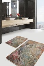 2'li Set Antika Zeminde Geometrik Motifli Eskitme Desenli Geometrik Eskitme Motifli  2'li Banyo & Mutfak Paspas Takımı Realhomes