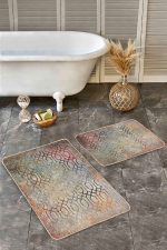 2'li Set Antika Zeminde Geometrik Motifli Eskitme Desenli Geometrik Eskitme Motifli  2'li Banyo & Mutfak Paspas Takımı Realhomes