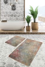 2'li Set Antika Zeminde Geometrik Motifli Eskitme Desenli Geometrik Eskitme Motifli  2'li Banyo & Mutfak Paspas Takımı Realhomes